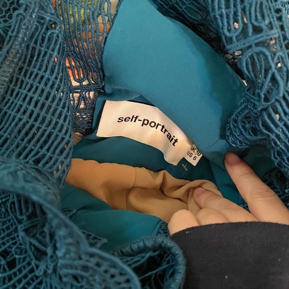 Self-Portrait / Teardrop Guipure tiered lace minidress Teal turquoise US 6 UK 10 - Picture 6 of 8